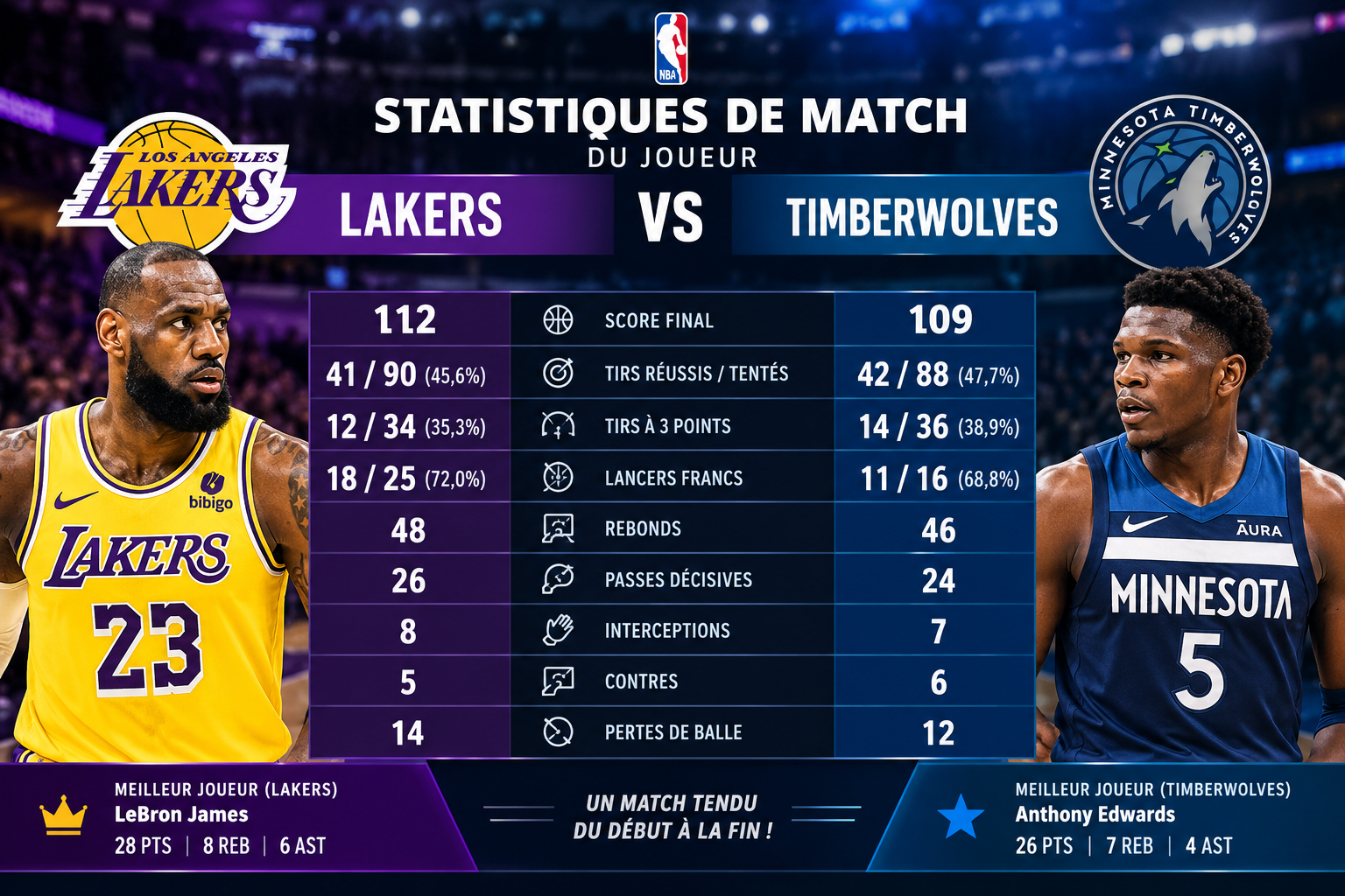 Statistiques de match du joueur Lakers Timberwolves